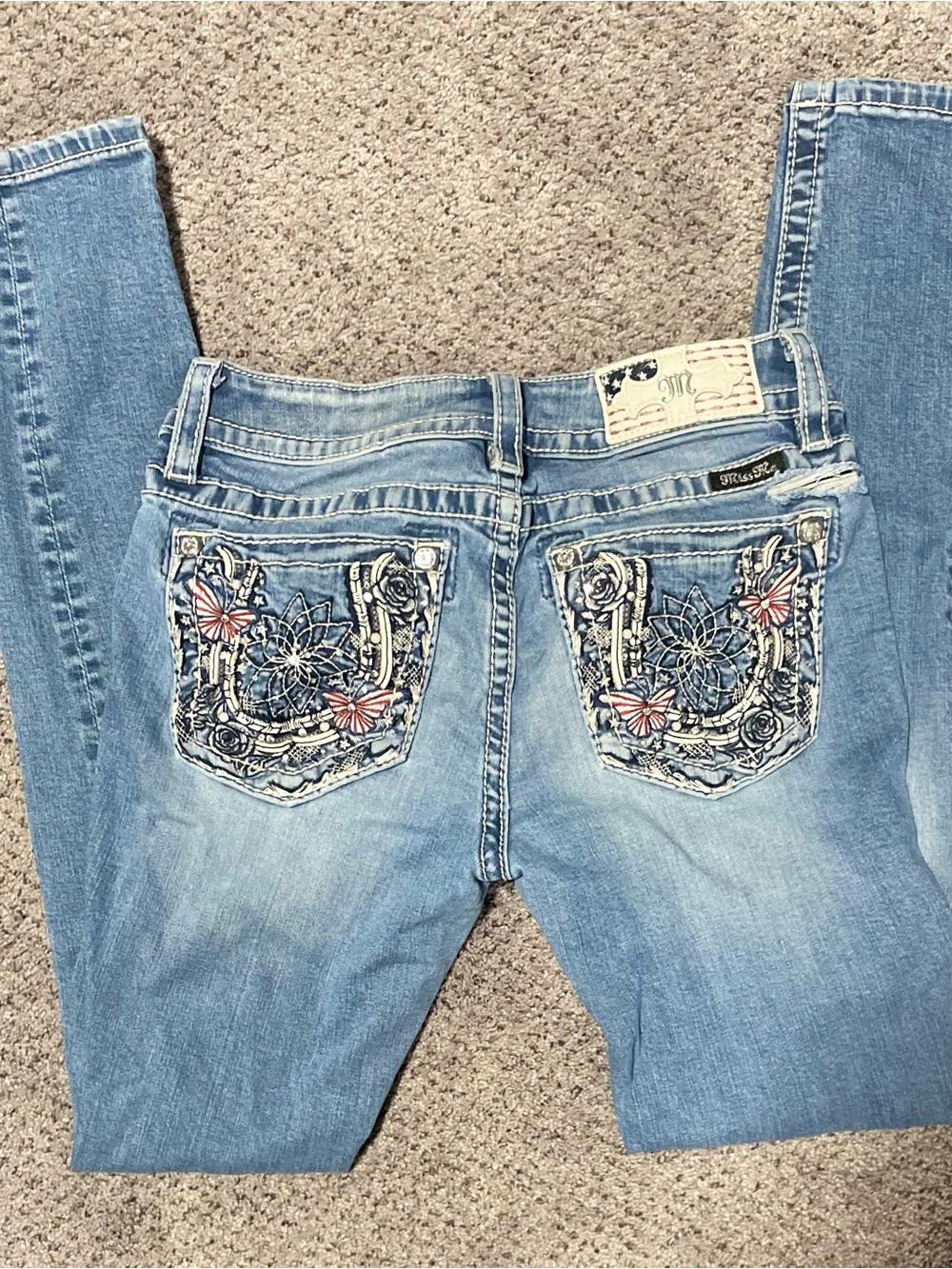 Miss Me Hailey Skinny Jeans 26 USA Flag M Rhinestone Floral Y2K